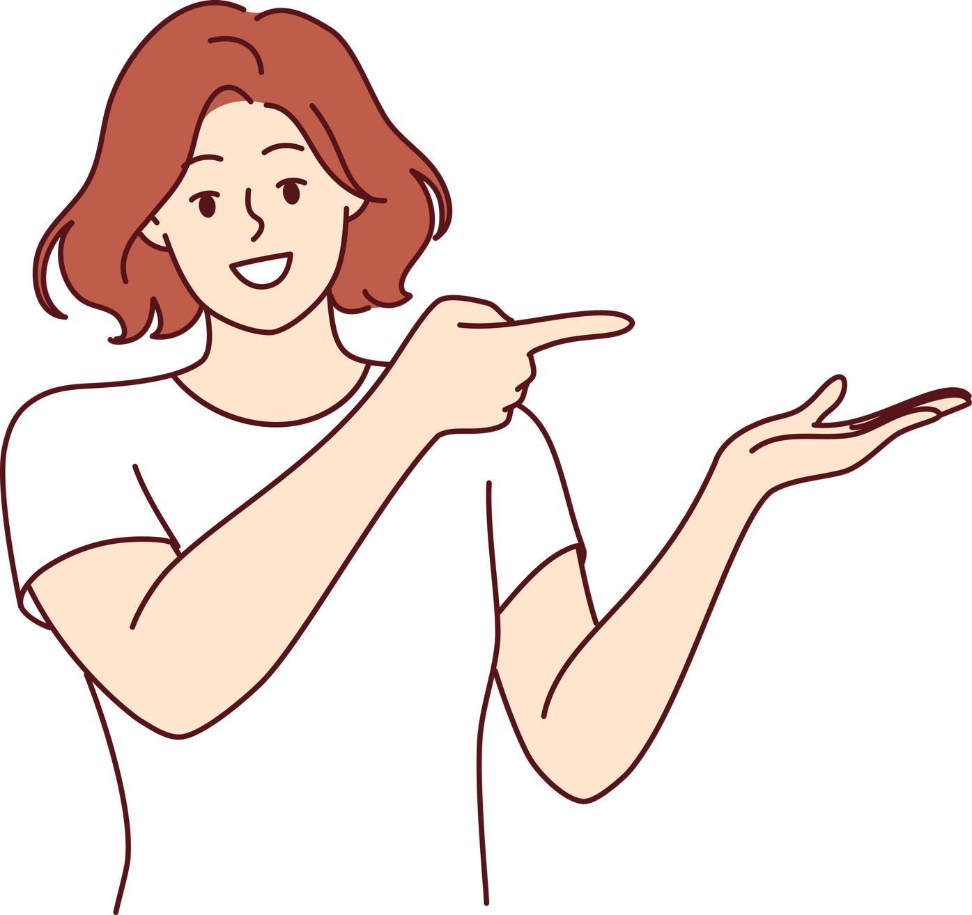 Happy Woman Pointing at Copy Space and Raising Palm up to Demonstrate Advertised Product